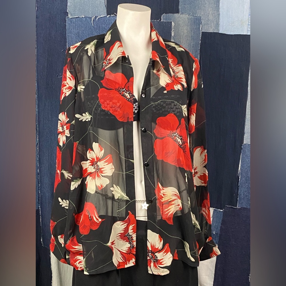 Big Floral Sheer Long Sleeve Collared Blouse Sz L - Picture 5 of 8